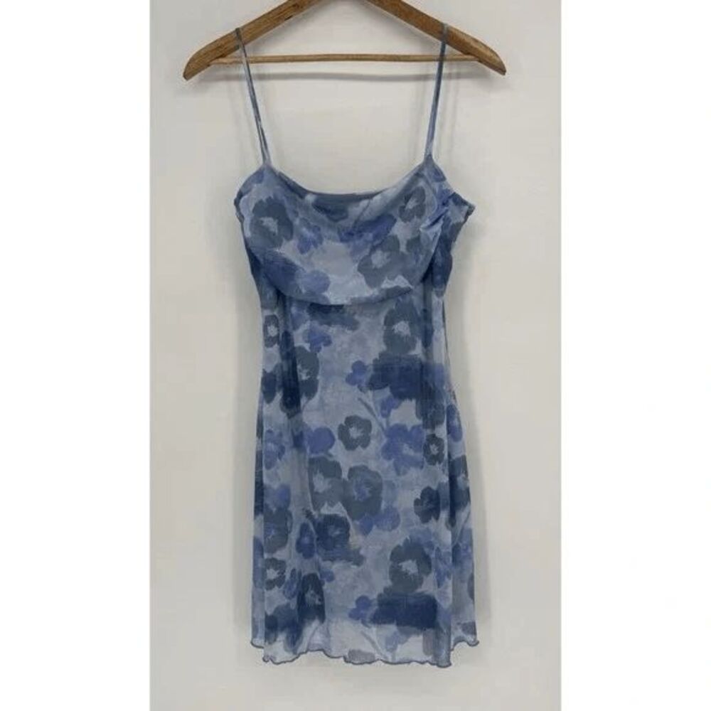 See You Monday Mini Dress Women's Size XL Blue Floral Spaghetti Strap Micro Mesh